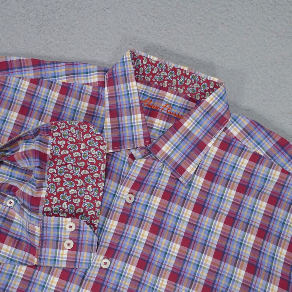 Alan Flusser Shirt Men's Large Paisley Long Sleeve Red Blue Plaid